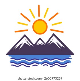 Sunset Orange Sunrise Over Deep Blue Mountain Lake with Snow White Peaks, Vector Design, Isolated