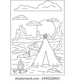 sunset outdoor camping coloring book page for kids or grown adults coloring book mindful relaxation activity