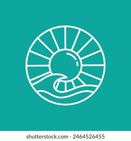 Sunset outline design, the sun is in the center of the circle with waves in the background