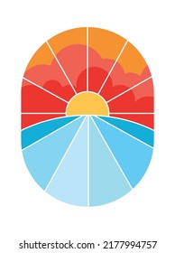 Sunset oval retro badge. Vector illustration