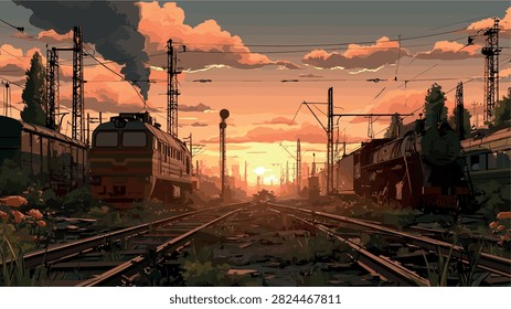 Sunset Over Abandoned Railway with Trains and Overgrown Nature