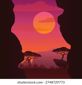 Sunset Over African Savanna Viewed from a Cave Opening, Flat Vector Illustration of Serengeti Landscape with Acacia Trees and Large Sun, Dusk Safari Scene and Wild Nature Background.