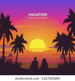 Sunset over the beach vector silhouette landscape. Beach vector illustration with ocean background. Beach vibe couple on sunset background, tropics, palm trees. 