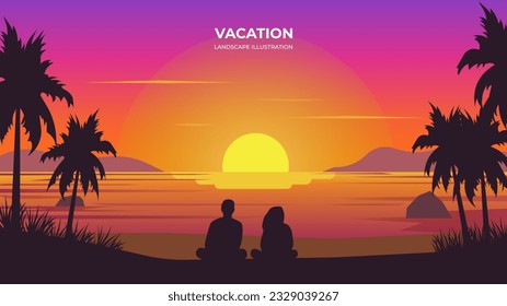 Sunset over the beach vector silhouette landscape. Beach vector illustration with ocean background. Beach vibe couple on sunset background, tropics, palm trees. 