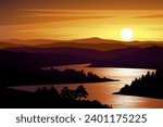 Sunset over beautiful river with mountains