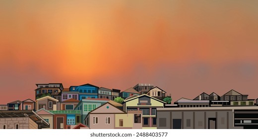 Sunset over the building vector illustration. Architecture building landscape for background design.