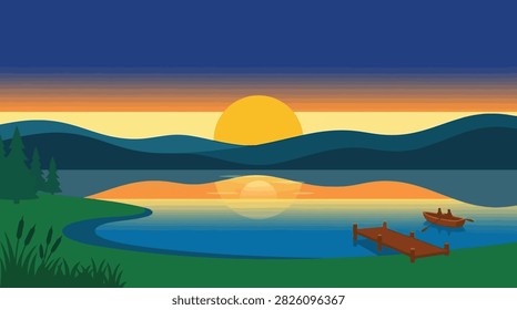 Sunset over calm mountain lake with wooden dock mountains landscape peaceful