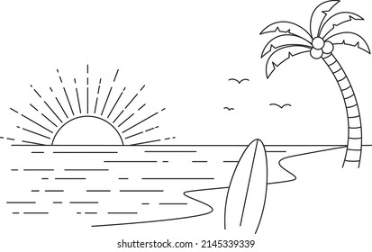 Sunset over the Calm Ocean Line Art