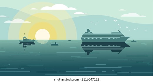 Atardecer sobre un mar tranquilo. Buques en la carretera. Ilustración vectorial de fondo para la mockup de la página de aterrizaje o banner de publicidad de diseño plano.