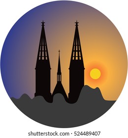 sunset over a church and grey trees vector illustration