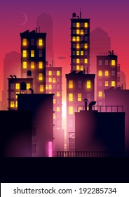 Sunset Over The City. Lights from city apartments add to the summer dusk city glow. Vector illustration.