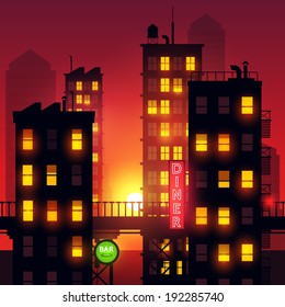 Sunset Over The City. Lights from city apartments add to the summer dusk city glow. Vector illustration.
