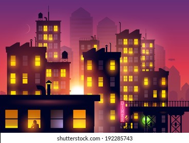 Sunset Over The City. Lights from city apartments add to the summer dusk city glow. Vector illustration.