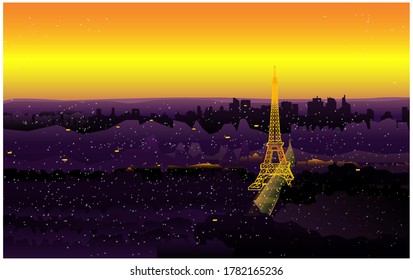 Sunset over the city, night sky, Paris at dusk, Eiffel tower, city lights, color, air