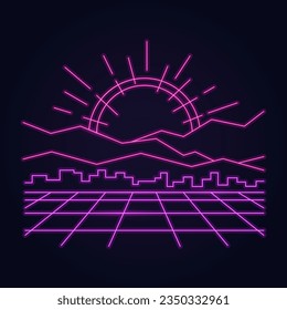 Sunset over the city and road grid in 80s style neon arcade game.