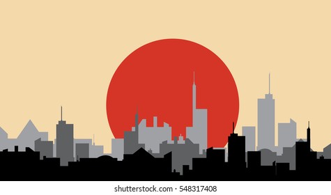 Sunset over city silhouette
vector cityscape illustration