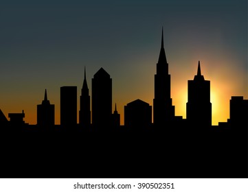 Sunset over City Skyscrapers. Vector Silhouette