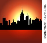 Sunset over City Skyscrappers. Vector Silhouette