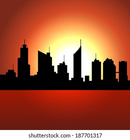 Sunset over City Skyscrappers. Vector Silhouette