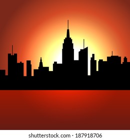 Sunset over City Skyscrappers. Vector Silhouette