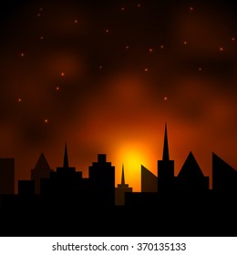 Sunset over the city. Vector illustration