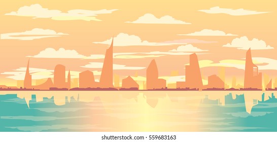 Sunset over city  vector landscape with reflection on water
cityscape illustration