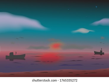 Sunset over cloud sea ships and birds landscape