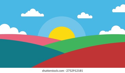 Sunset over colorful hills and clouds landscape