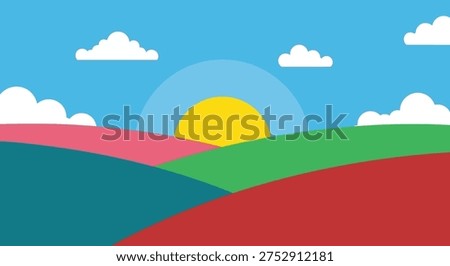 Sunset over colorful hills and clouds landscape
