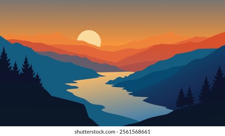 Sunset over the Columbia River, captured from above, highlighting the serene beauty of the landscape flat vector illustration natural background