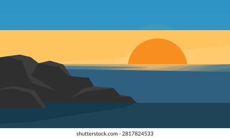 Sunset over a dark rocky ocean coastline with landscape illustration seascape