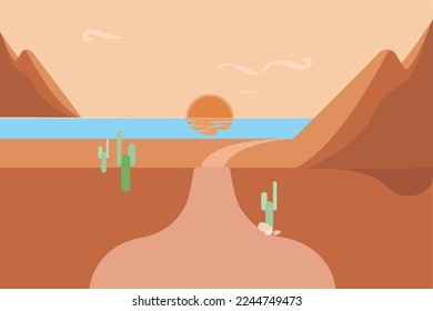 Sunset Over Desert With Cactus 