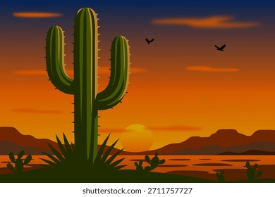 Pôr do sol sobre um deserto com um cacto