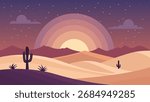 Sunset over the desert landscape with cactus silhouettes, creating a serene and peaceful atmosphere in nature