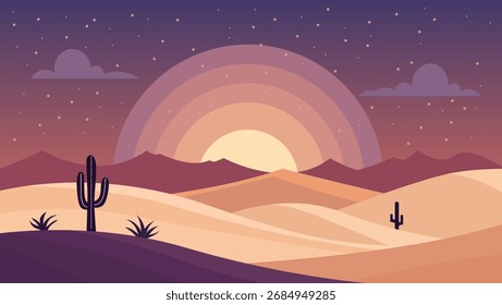 Puesta de sol sobre el paisaje desértico con siluetas de cactus, creando un ambiente sereno y tranquilo en la naturaleza