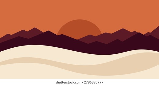 Sunset over desert landscape with mountains and sandy dunes