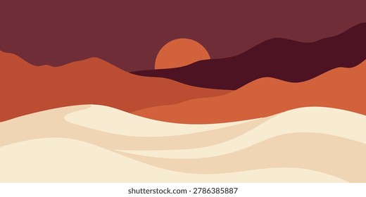 Sunset over desert landscape with orange dunes and rolling hills