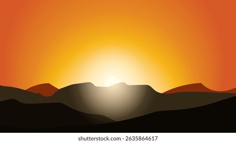 Sunset over desert mountain landscape with warm orange sky and glowing sun