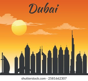 Sunset over Dubai showcasing the city's iconic skyline with historical landmarks and warm hues of evening sky