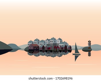 Sunset over a fishing island in the Swedish west coast archipelago, A lighthouse and a sailing boat at a calm sea. Vector illustration.