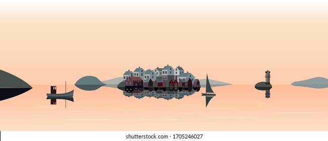 Sunset over a fishing island in the Swedish west coast archipelago, A lighthouse, a fishing boat and a sailing boat at a calm sea. Vector illustration.