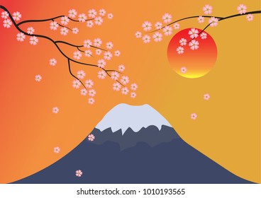 Sunset over Fuji mountain, sakura is on foreground.
