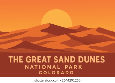 Sunset over the Great Sand Dunes National Park in Colorado, where the setting sun casts a golden glow over the towering dunes, creating a peaceful desert landscape with the distant mountains