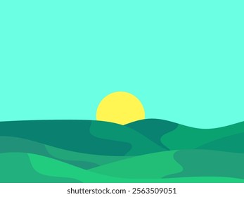 Sunset over green hills. Sun above the horizon of a wavy landscape with green hills and meadows in a minimalist style. Design for covers, wrappers, banners and posters. Vector illustration