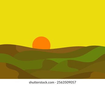 Sunset over green hills. Sun above the horizon of a wavy landscape with green hills and meadows in a minimalist style. Design for covers, wrappers, banners and posters. Vector illustration