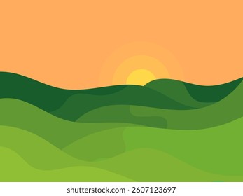 Sunset over green hills. Sun above the horizon of a wavy landscape with green hills and meadows in a minimalist style. Design for covers, wrappers, banners and posters. Vector illustration