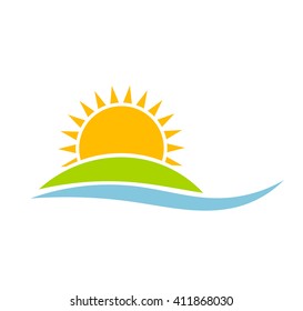 Sunset over green island. Vector illustration