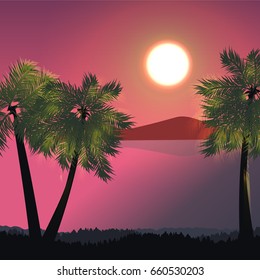 Sunset over a grove of coconut palms on the beach. Sunny warm south rest. Vector landscape can be used in newsletter, brochures, postcards, banner.