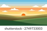 Sunset over Hills with Clouds, Flat Design, Serene Landscape