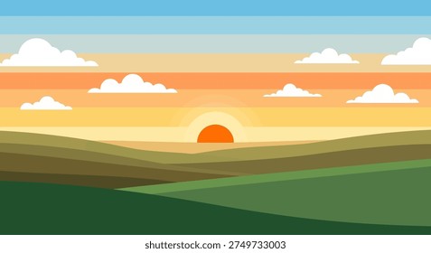 Sunset over Hills with Clouds, Flat Design, Serene Landscape